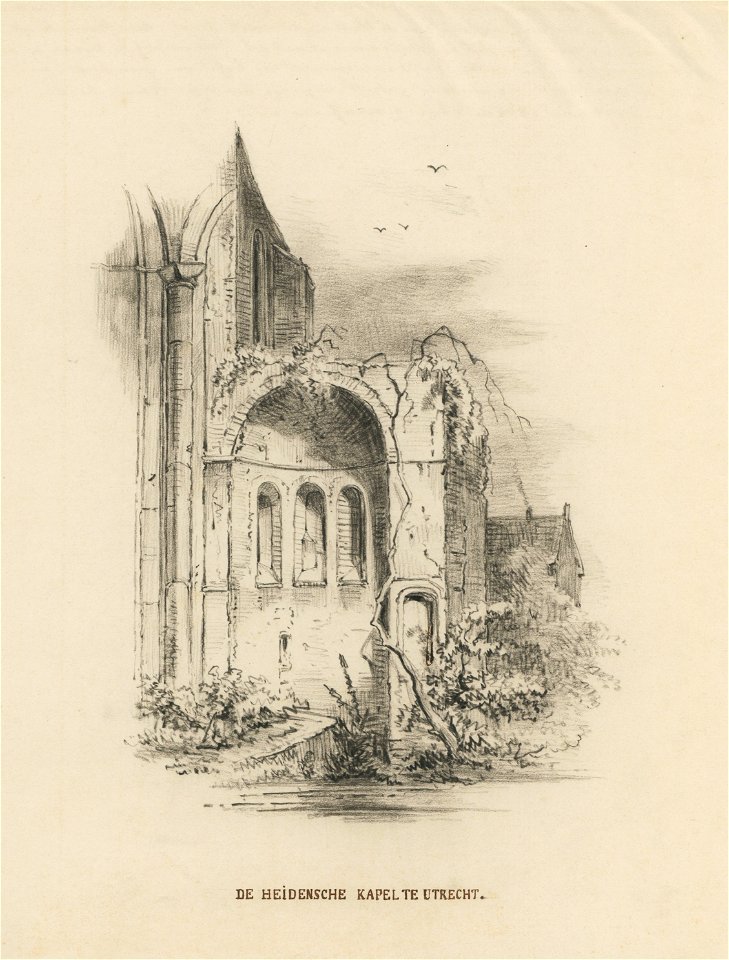 HUA-33117-Gezicht in de koorkapel aan de zuidelijke transeptarm van de Mariakerk te Utrecht voor de afbraak van het koor van de kerk in 1844 uit het westen