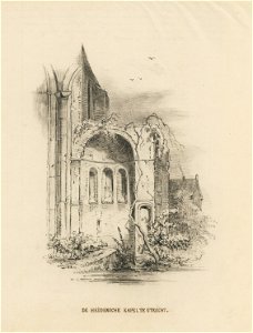HUA-33117-Gezicht in de koorkapel aan de zuidelijke transeptarm van de Mariakerk te Utrecht voor de afbraak van het koor van de kerk in 1844 uit het westen