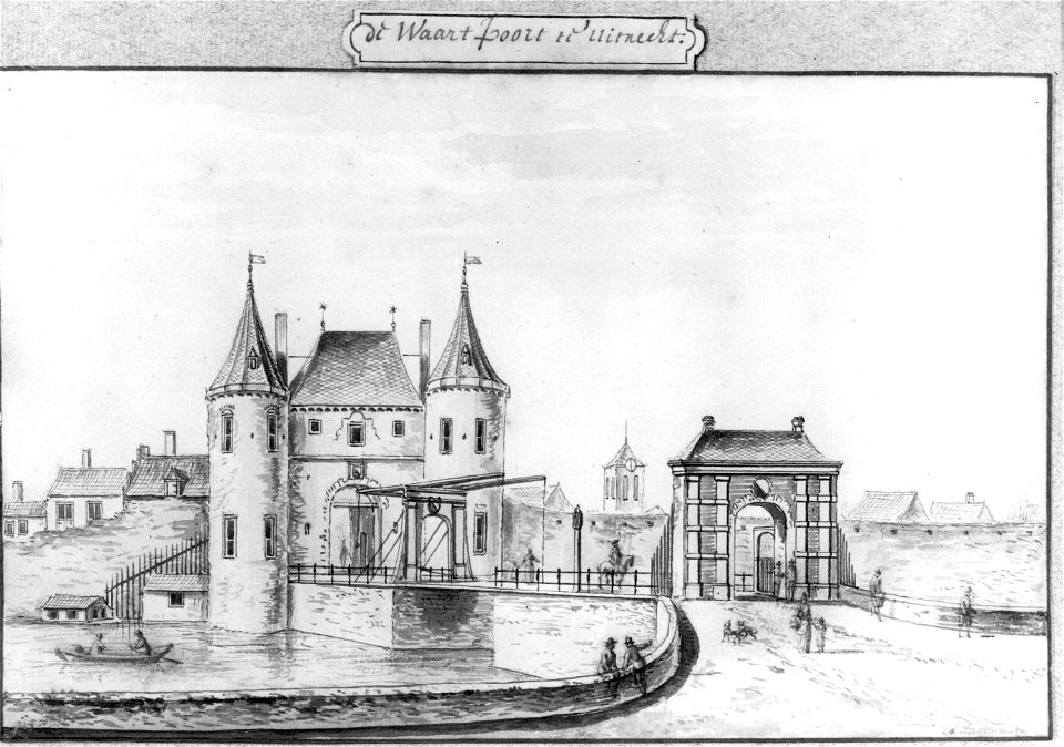 HUA-36762-Gezicht over de stadsbuitengracht op de Weerdpoort en de daarvoor gelegen brug uit het noorden