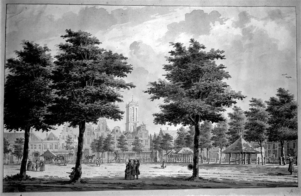 HUA-36078-Gezicht op de noordwesthoek van het Vredenburg te Utrecht met enkele hoefstallen en op de achtergrond gedeeltelijk de toren van de Jacobikerk