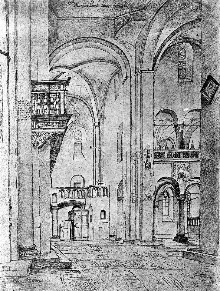 HUA-37333-Interieur van de Mariakerk te Utrecht het zuidertransept en het oostelijke gedeelte van het schip uit het noorden met links een gedeelte van de oxaalt