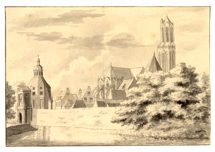 HUA-35013-Gezicht op de stadswal van Utrecht over de stadsbuitengracht uit het zuidoosten met links de Wittevrouwenpoort en rechts de Domkerk en het dak van de 