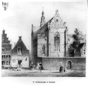 HUA-37607-Gezicht op de Catharijnesteeg te Utrecht vanaf de Lange Nieuwstraat met rechts de St Catharinakerk en gebouwen van het St Catharijneklooster en links 
