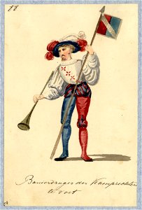HUA-32762-Afbeelding van een kostuumontwerp van een banierdrager van de scheidsrechters van het toernooi figurant in de maskerade van de studenten van de Utrech
