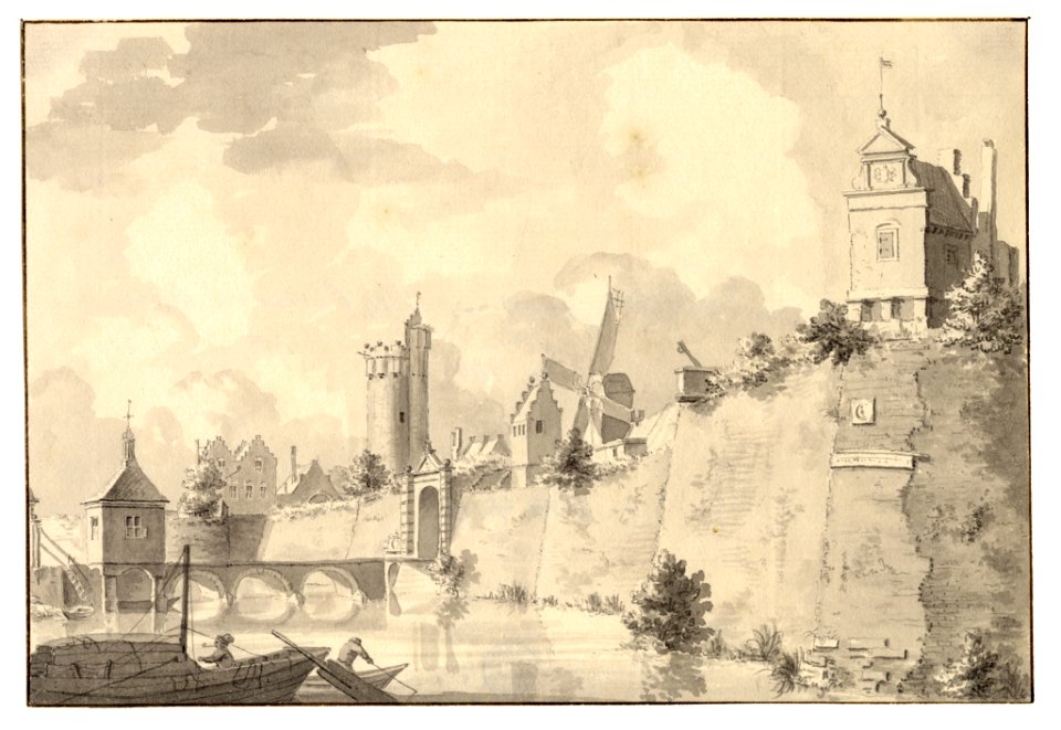 HUA-35009-Gezicht op de stadswal van Utrecht tussen de bolwerken Manenburg rechts vooraan en Sterrenburg links op de achtergrond met de Tolsteegbrug de Tolsteeg