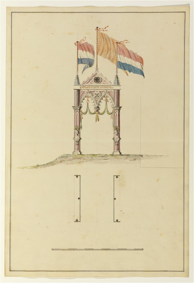 HUA-32546-Afbeelding van een ontwerp aanzicht en plattegrond voor een erepoort op te richten voor het bezoek van koning Willem II aan Utrecht op 18 mei 1841