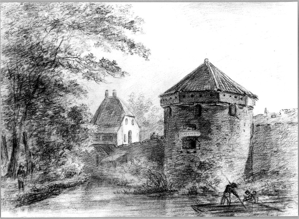 HUA-36658-Gezicht over de stadsbuitengracht op de stadswal te Utrecht uit het noordwesten met de toren de Vos en op de achtergrond de toren de Wolf en links een