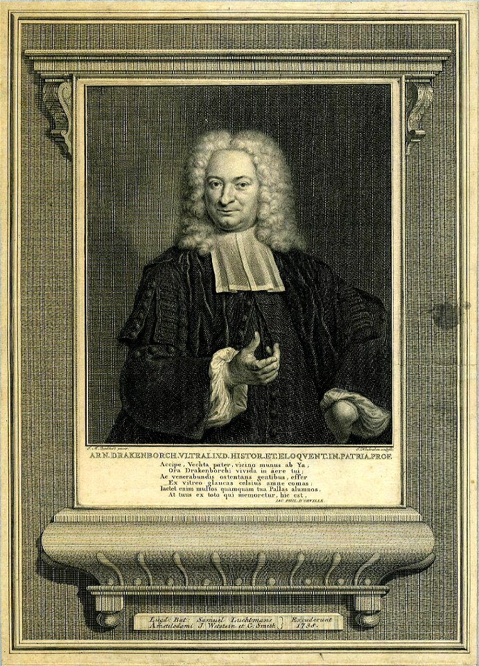 HUA-31859-Portret van A Drakenborch geboren 1684 hoogleraar in de geschiedenis aan de Utrechtse hogeschool 1716 1748 overleden 1748 Te halve lijve van voren sta