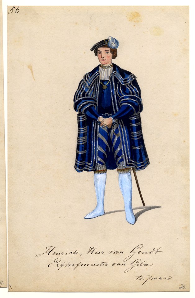 HUA-32735-Afbeelding van een kostuumontwerp van Henrick heer van Gendt erfhofmeester van Gelre figurant in de maskerade van de studenten van de Utrechtse hogesc