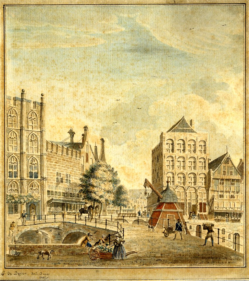 HUA-35773-Gezicht op de Oudegracht te Utrecht uit het zuidwesten met de Bezembrug en de stadskraan links de huizen Blijdestein en Rutenberg en rechts het huis K