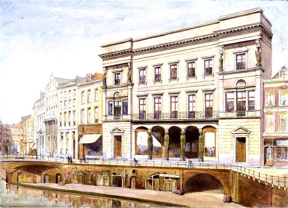HUA-31692-Afbeelding van de voorgevels van de huizen aan de noordzijde van de Oudegracht te Utrecht tussen de Bezembrug links en de Stadhuisbrug met de Winkel v