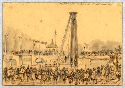 HUA-32687-Afbeelding van de bergingswerkaamheden van een op 27 september 1856 te water geraakte locomotief bij de Jeremiebrug te Utrecht