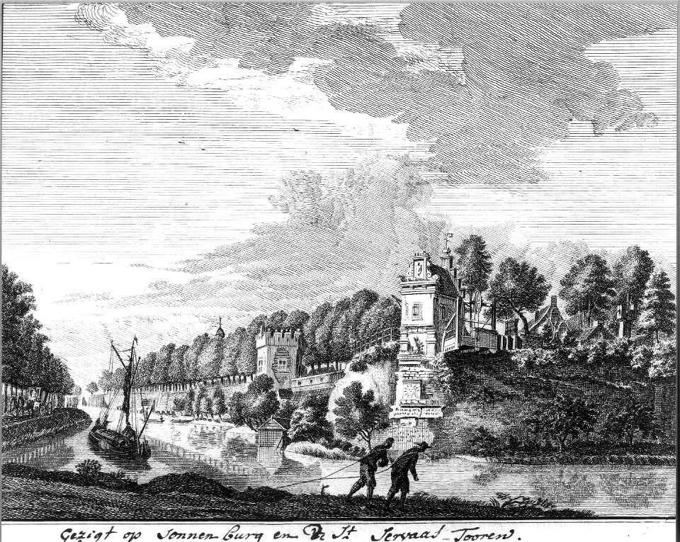 HUA-36405-Gezicht over de stadsbuitengracht op de stadswal te Utrecht ter hoogte van het bastion Zonnenburg uit het noordoosten met in het midden de toren op he