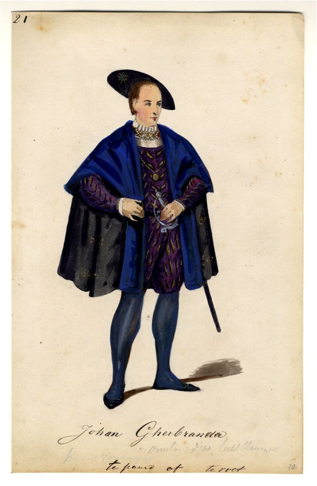 HUA-32715-Afbeelding van een kostuumontwerp van de Groningse edelman Johan Gherbranda figurant in de maskerade van de studenten van de Utrechtse hogeschool ter 