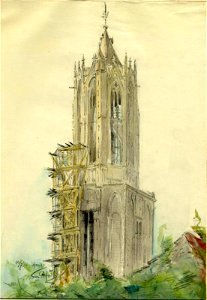 HUA-32258-Gezicht op de Domtoren te Utrecht uit het zuidoosten tijdens de restauratie van het middeldeel uit het zuidwesten