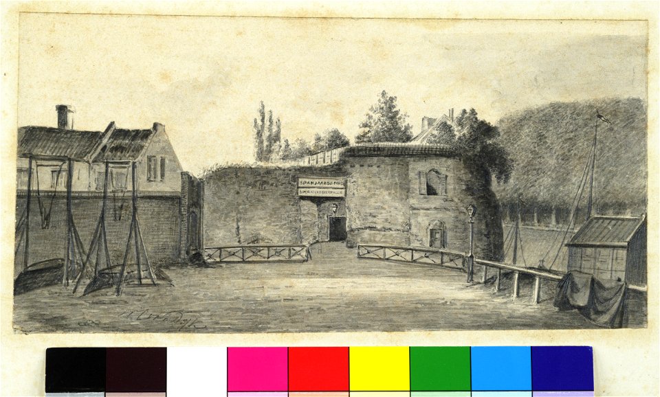 HUA-36838-Gezicht op het zuidwestelijke bastion van kasteel Vredenburg te Utrecht met de ingang tot het zogenoemde Spanjaardsgat ingericht tot bierhuis gezien v