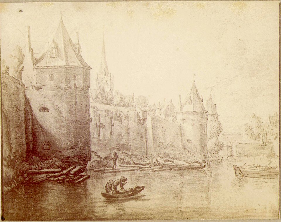 HUA-36739-Gezicht vanaf het Begijnebolwerk over de stadsbuitengracht op de stadswal te Utrecht uit het noordoosten met de waltorens de Leeuw links en de Bok en 