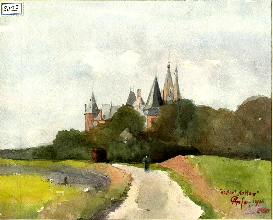 HUA-32270-Gezicht op het tussen de bomen verscholen kasteel De Haar te HaarzuilensNB De gemeente Haarzuilens is per 1 januari 1954 opgenomen in de gemeente Vleu