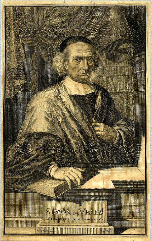HUA-32193-Portret van Simon de Vries geboren 1630 schoolmeester te Utrecht overleden 1708 Te halve lijve rechts staande met de rechterhand op een geopend boek e