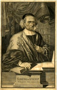 HUA-32193-Portret van Simon de Vries geboren 1630 schoolmeester te Utrecht overleden 1708 Te halve lijve rechts staande met de rechterhand op een geopend boek e