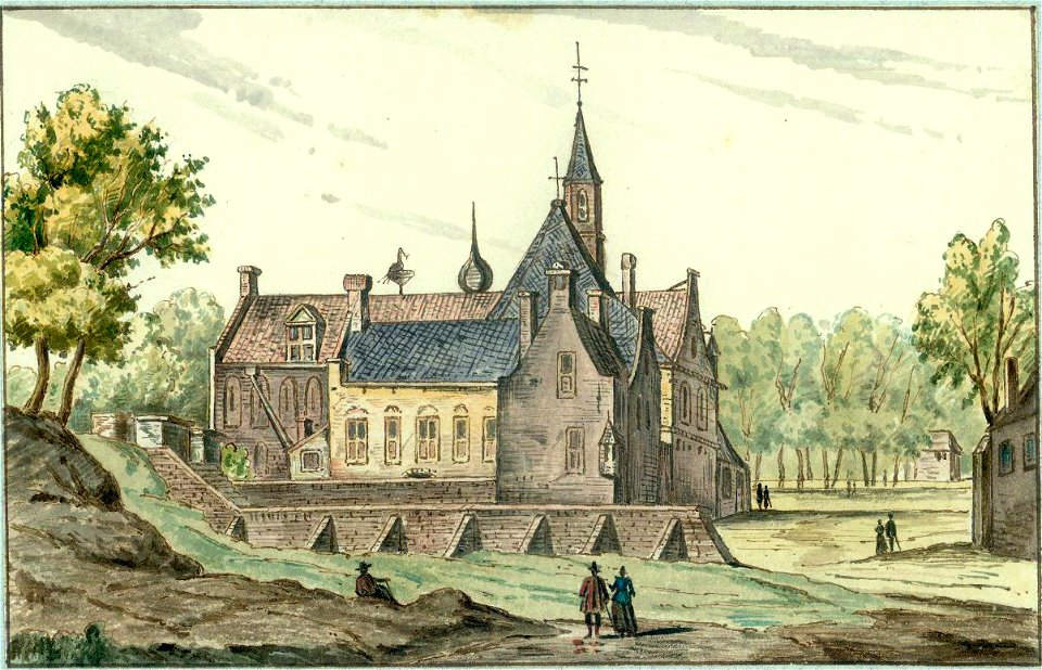 HUA-37705-Gezicht op het St Agnietenklooster te Utrecht met links de stadswal en op de achtergrond het Nicolaaskerkhof uit het noordoosten