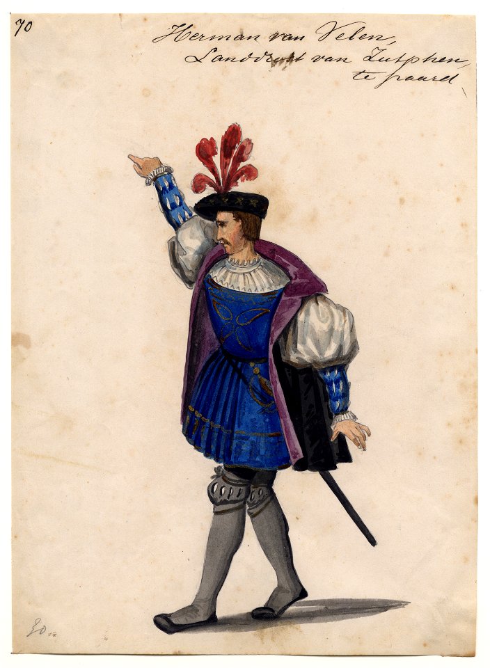 HUA-32747-Afbeelding van een kostuumontwerp van Herman van Velen landdrost van Zutphen figurant in de maskerade van de studenten van de Utrechtse hogeschool ter