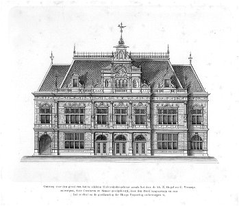 HUA-38039-Afbeelding van de voorgevel van het nieuwe Academiegebouw aan het Domplein te Utrecht volgens het eerste niet uitgevoerde ontwerp