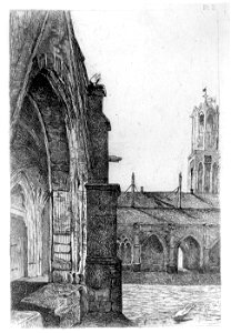HUA-37044-Gezicht op de westelijke arm van de kruisgang van de Domkerk te Utrecht met links een gedeelte van de oostelijke arm en op de achtergrond de Domtoren 