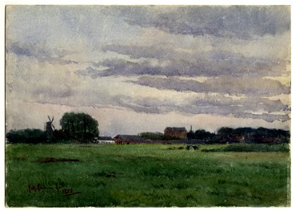 HUA-32262-Gezicht op de weilanden ten westen van Utrecht vóór de aanleg van de Croeselaan met op de achtergrond de bomen langs de Leidseweg en links de molen De