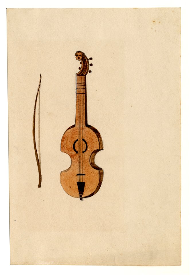HUA-32775-Afbeelding van een ontwerp van een strijkinstrument met een strijkstok een attribuut van de speelmannen in de maskerade van de studenten van de Utrech