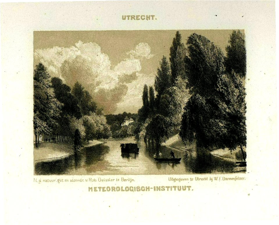 HUA-36889-Gezicht over de stadsbuitengracht te Utrecht op het singelplantsoen met op de achtergrond de gebouwen van het Meteorologisch Instituut uit het noorden