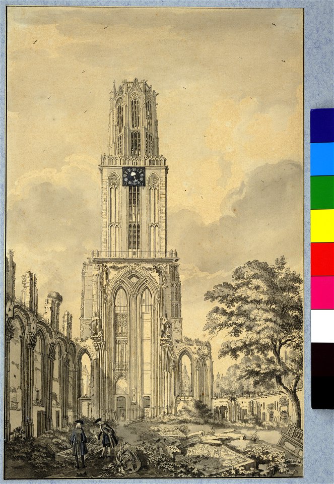 HUA-36949-Gezicht op de ruïne van het schip van de Domkerk te Utrecht uit het oosten het schip met op de achtergrond de westgevel en daarachter de Domtoren