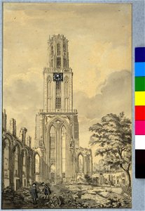 HUA-36949-Gezicht op de ruïne van het schip van de Domkerk te Utrecht uit het oosten het schip met op de achtergrond de westgevel en daarachter de Domtoren