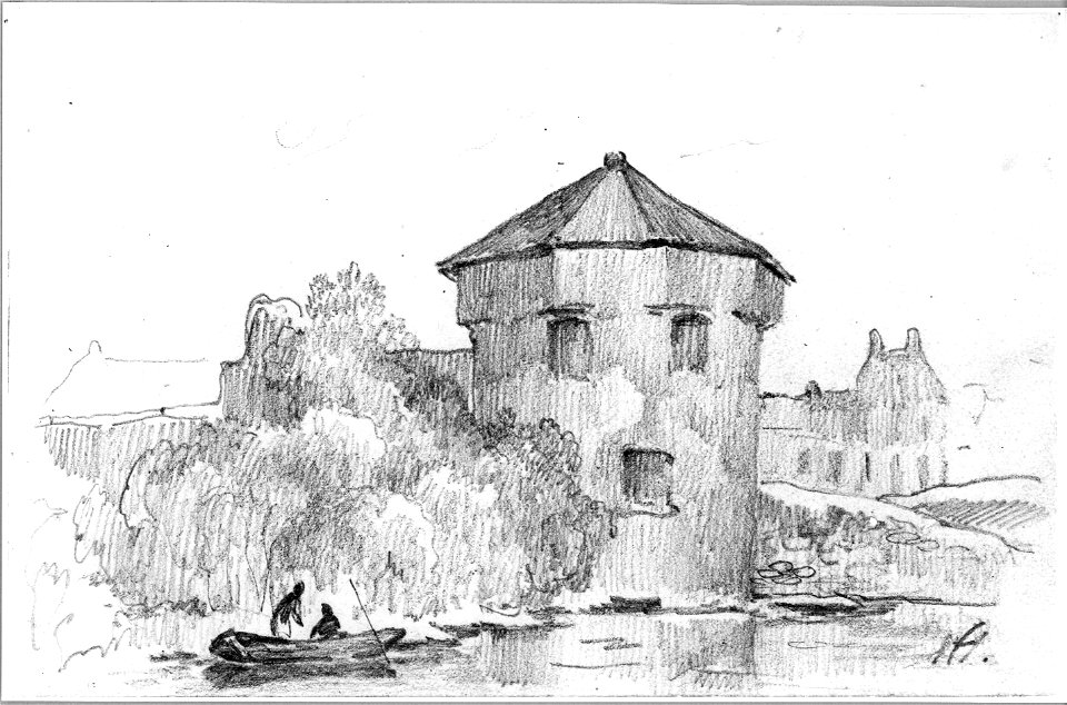HUA-36665-Gezicht over de stadsbuitengracht te Utrecht uit het noordoosten met de toren de Vos en rechts daarvan de afgegraven stadswal De bomen links staan op 