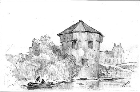 HUA-36665-Gezicht over de stadsbuitengracht te Utrecht uit het noordoosten met de toren de Vos en rechts daarvan de afgegraven stadswal De bomen links staan op 