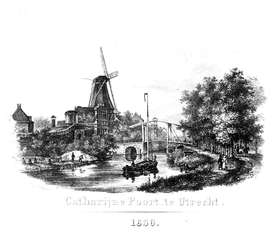 HUA-36471-Gezicht vanaf de singel over de stadsbuitengracht te Utrecht uit het noordwesten met de wal en de Catharijnepoort en brug en de molen De Fortuin op de