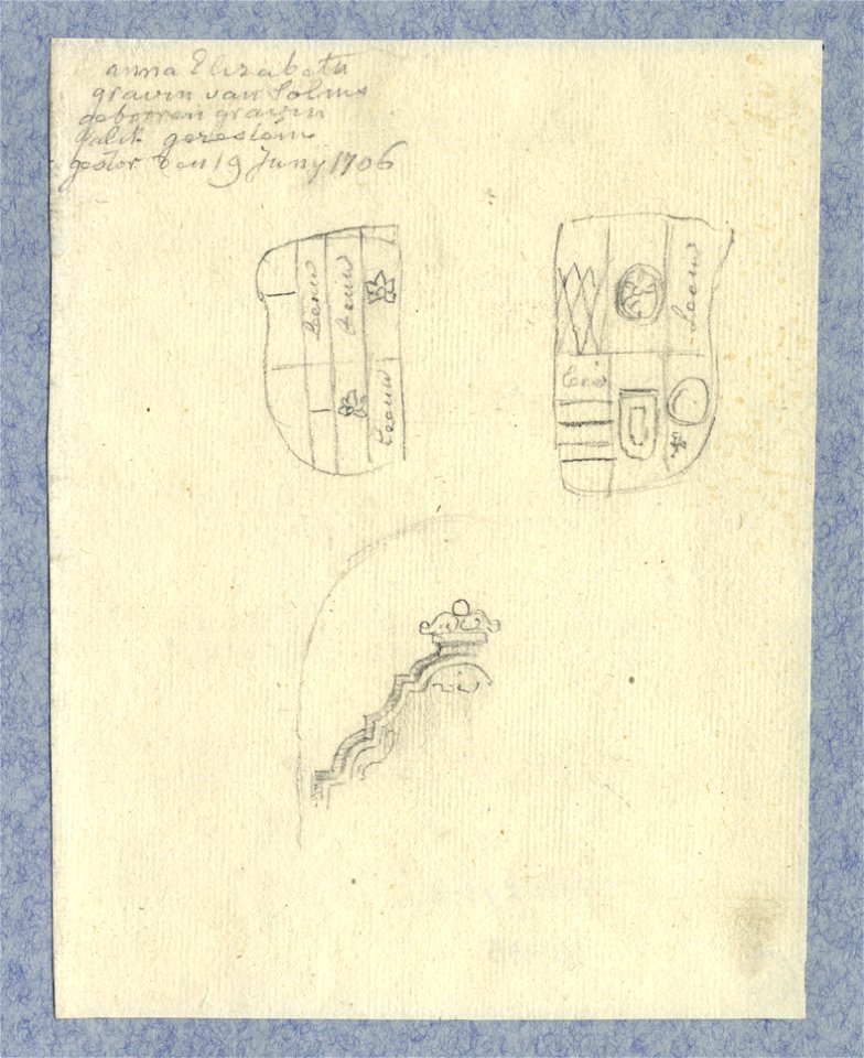 HUA-32448-Afbeelding van enkele details waaronder de twee wapenschilden van de vernielde graftombe van de gravin van Solms in de kapel van Zoudenbalch in de Dom