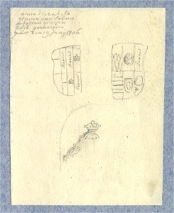 HUA-32448-Afbeelding van enkele details waaronder de twee wapenschilden van de vernielde graftombe van de gravin van Solms in de kapel van Zoudenbalch in de Dom