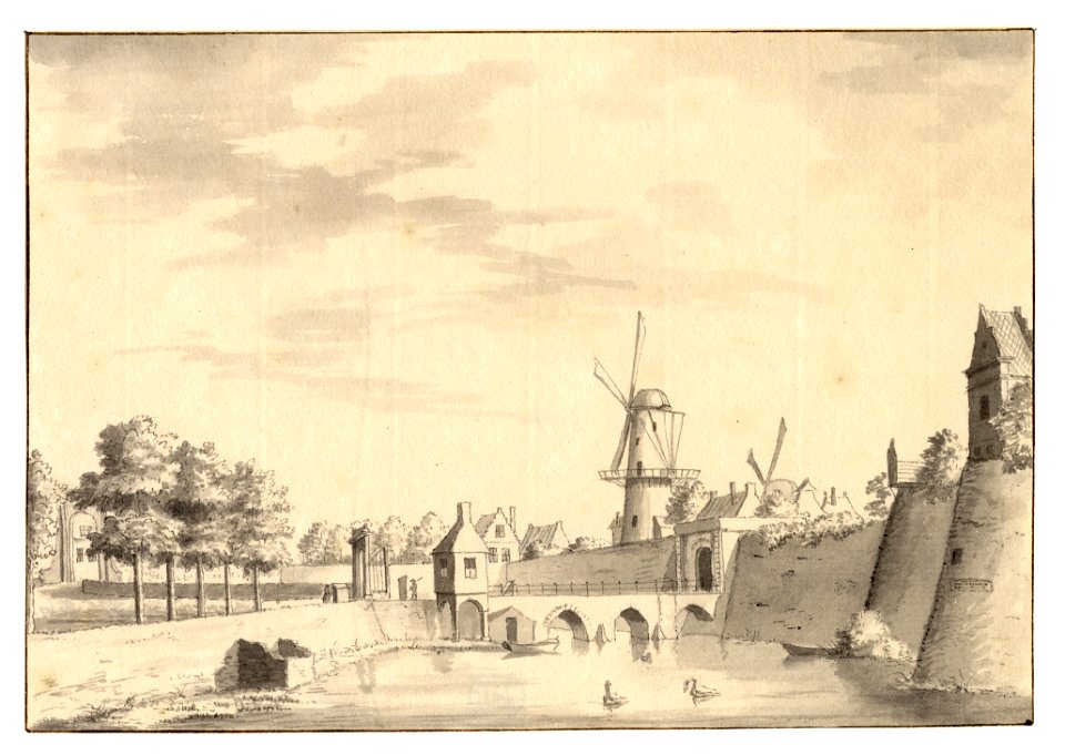 HUA-35010-Gezicht op de stadswal van Utrecht tussen de bolwerken Manenburg rechts vooraan en Sterrenburg links op de achtergrond met de Tolsteegbrug de Tolsteeg