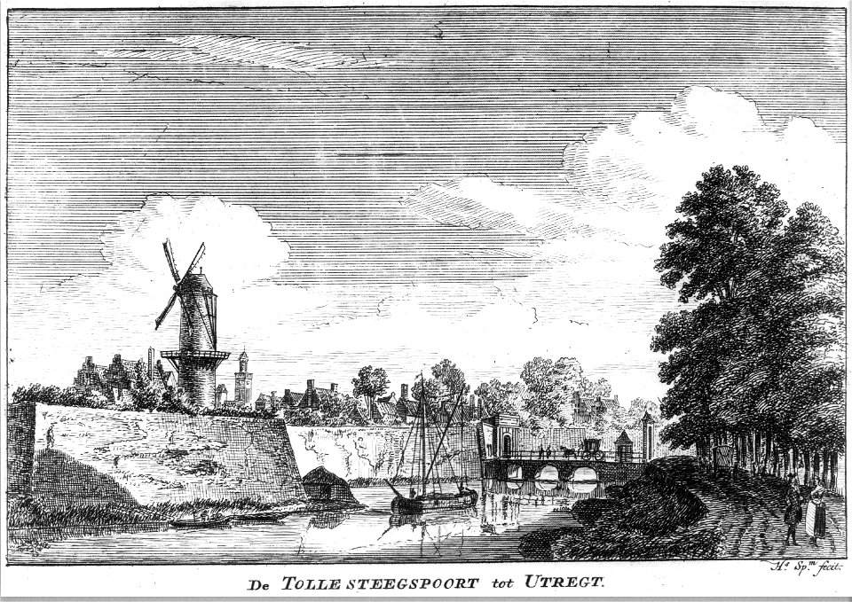 HUA-36371-Gezicht vanaf de singel over de stadsbuitengracht te Utrecht op het bastion Sterrenburg en de molen op de Bijlhouwerstoren uit het zuidwesten met rech