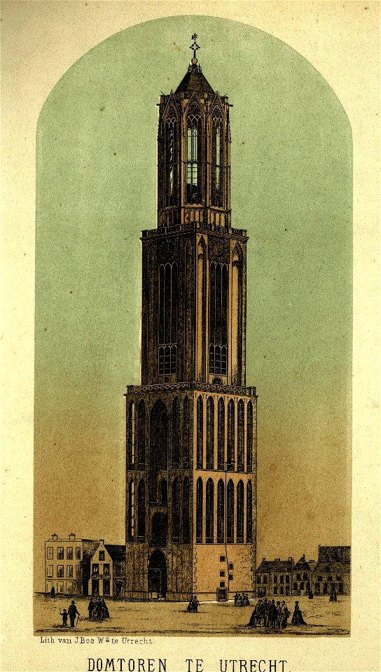 HUA-37104-Gezicht op de Domtoren te Utrecht uit het noordoosten vanaf het DomkerkhofNB De naam Domkerkhof is ca 1860 gewijzigd in Domplein