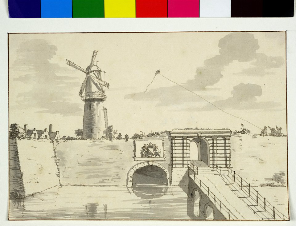 HUA-35022-Gezicht op een gedeelte van de stadswal van Utrecht met de Tolsteegpoort en de Tolsteegbrug en de molen op de Bijlhouwerstoren rechts op de stadswal e