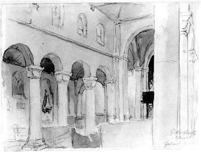 HUA-37159-Interieur van de Pieterskerk te Utrecht gezicht vanuit de zuidelijke zijbeuk door het schip naar het koor uit het zuidwesten naar het noordoosten