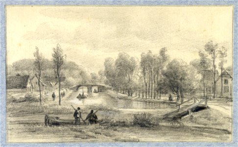 HUA-38213-Gezicht over de Leidsche Rijn met de Hommelbrug te Utrecht uit het zuidwesten met links de boerderij De Halve Maan en rechts de herberg De Hommel