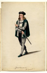 HUA-32755-Afbeelding van een kostuumontwerp van een muzikant figurant in de maskerade van de studenten van de Utrechtse hogeschool ter gelegenheid van het 47ste