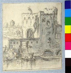 HUA-36594-Gezicht uit het zuiden over de stadsbuitengracht te Utrecht op de voorpoort van de Wittevrouwenpoort tijdens de sloop met op de achtergrond het bolwer