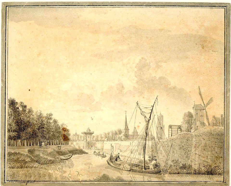 HUA-38474-Gezicht op over de stadsbuitengracht te Utrecht op het zuidwestelijke gedeelte van de stadsmuur met rechts vooraan het bastion Sterrenburg op de achte