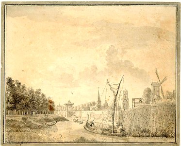 HUA-38474-Gezicht op over de stadsbuitengracht te Utrecht op het zuidwestelijke gedeelte van de stadsmuur met rechts vooraan het bastion Sterrenburg op de achte