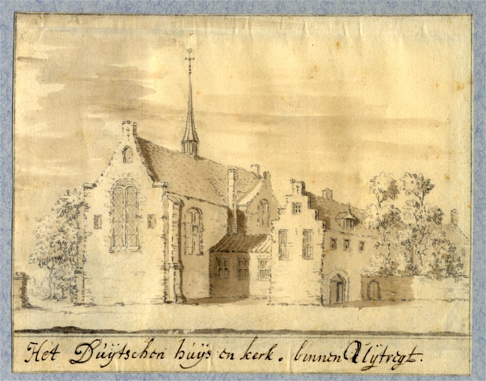 HUA-37628-Gezicht op de kapel en enkele aangrensende gebouwen van het Duitse Huis aan de Springweg te Utrecht uit het noordoosten