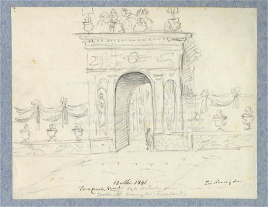 HUA-32558-Afbeelding van de erepoort opgericht op de Neude voor het bezoek van koning Willem II aan Utrecht op 18 mei 1841